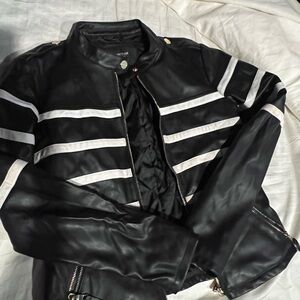Y2K Black and white moto Leather striped jacket. My Twin by Twinset Small
